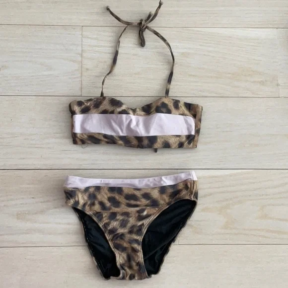 PILYQ Leopard Print Bikini Set with Pink Accents kid’s size 12 - Picture 1 of 3